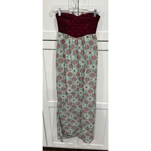 Roxy Womens Strapless‎ Maxi Dress Burgundy Teal Medallion Smocked Top XS